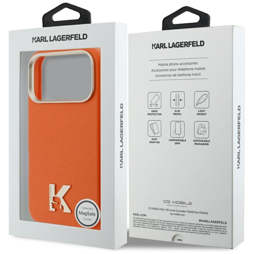Karl Lagerfeld iPhone 17 Pro Max - Σκληρή Θήκη με Επένδυση Οικολογικού Δέρματος και MagSafe - Karl Head Logo - Οrange