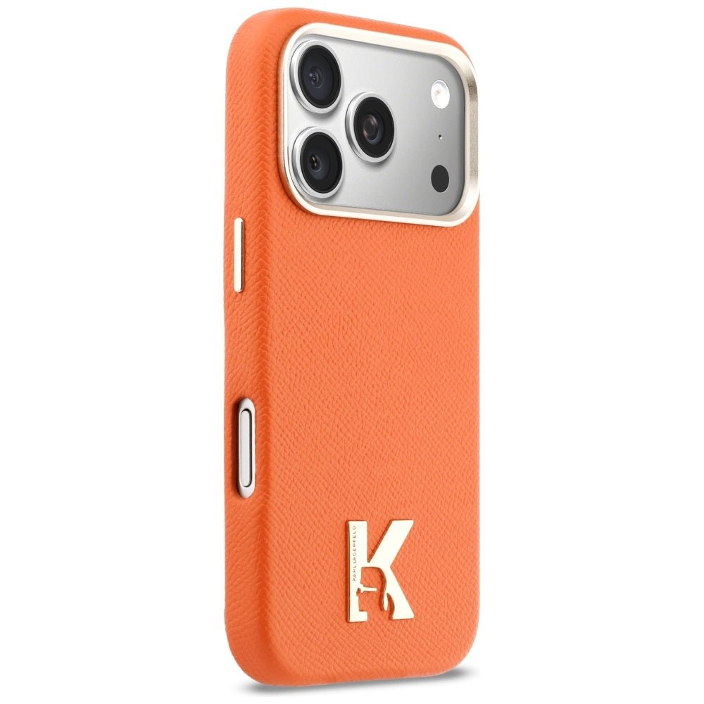 Karl Lagerfeld iPhone 17 Pro Max - Σκληρή Θήκη με Επένδυση Οικολογικού Δέρματος και MagSafe - Karl Head Logo - Οrange