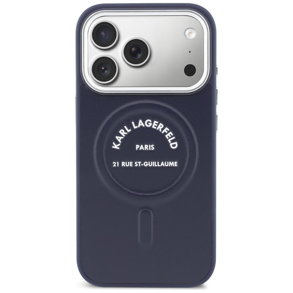 Karl Lagerfeld iPhone 17 Pro Max - Σκληρή Θήκη με Επένδυση Οικολογικού Δέρματος - Karl RSG Logo MagSafe - Blue