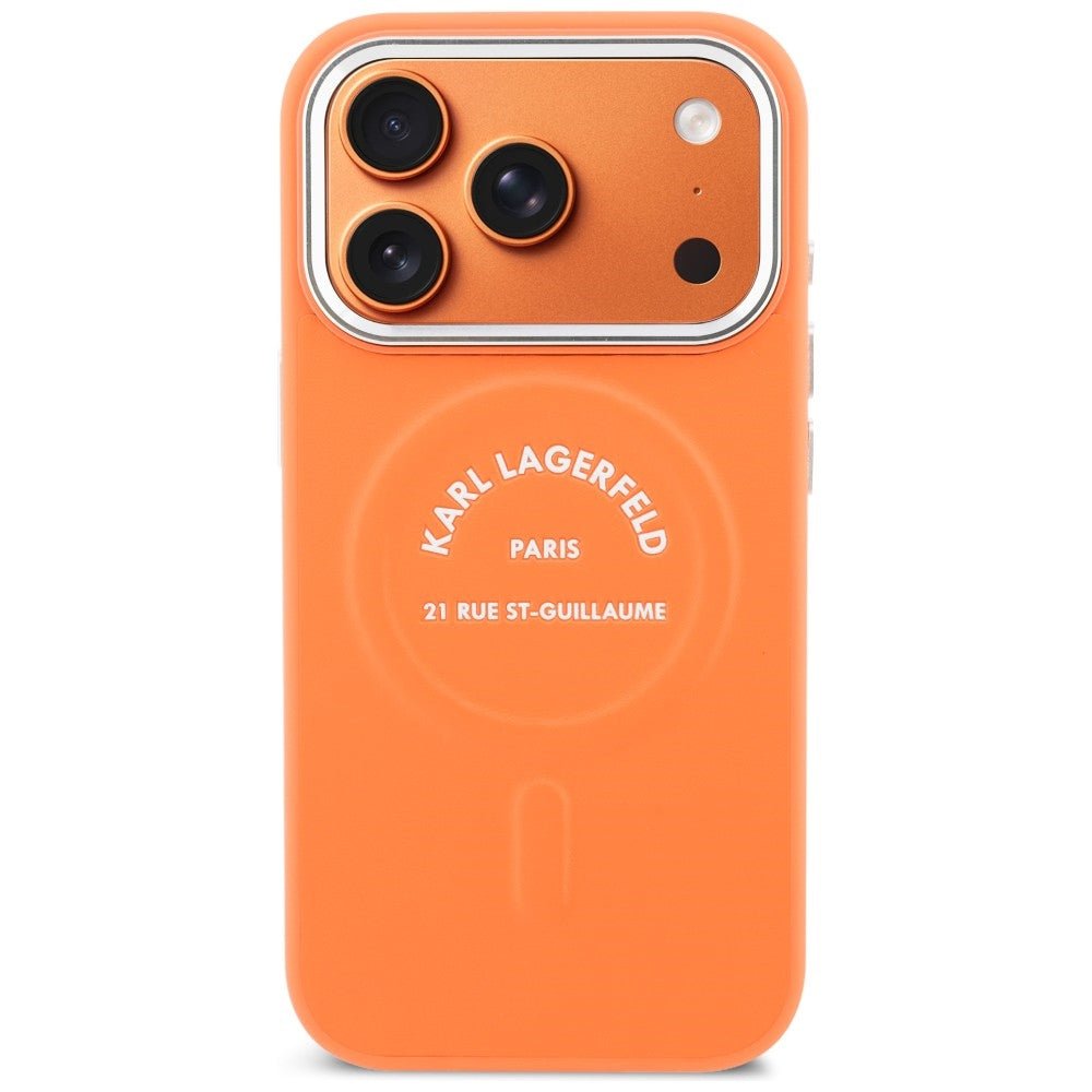 Karl Lagerfeld iPhone 17 Pro Max - Σκληρή Θήκη με Επένδυση Οικολογικού Δέρματος - Karl RSG Logo MagSafe - Orange