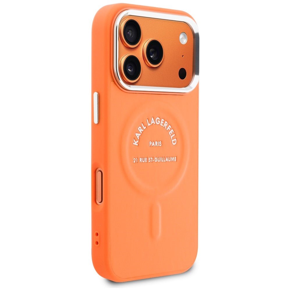 Karl Lagerfeld iPhone 17 Pro Max - Σκληρή Θήκη με Επένδυση Οικολογικού Δέρματος - Karl RSG Logo MagSafe - Orange