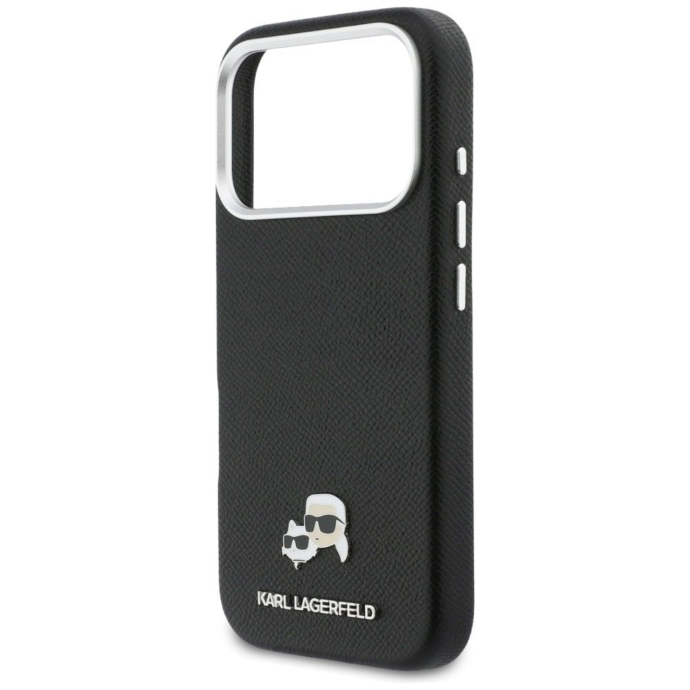 Karl Lagerfeld iPhone 17 Pro Max - Σκληρή Θήκη με Επένδυση Συνθετικού Δέρματος και Πλαίσιο Σιλικόνης - Karl and Choupette Head Pins Saffiano MagSafe - Black