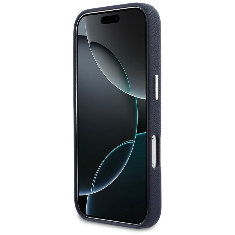 Karl Lagerfeld iPhone 17 Pro Max - Σκληρή Θήκη με Επένδυση Συνθετικού Δέρματος και Πλαίσιο Σιλικόνης - Karl and Choupette Head Pins Saffiano MagSafe - Blue
