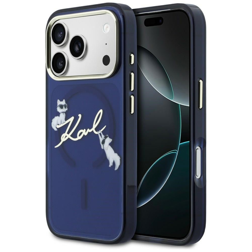Karl Lagerfeld iPhone 17 Pro Max - Σκληρή Θήκη με Πλαίσιο Σιλικόνης - IML Choupettes Karl Script Logo MagSafe - Blue