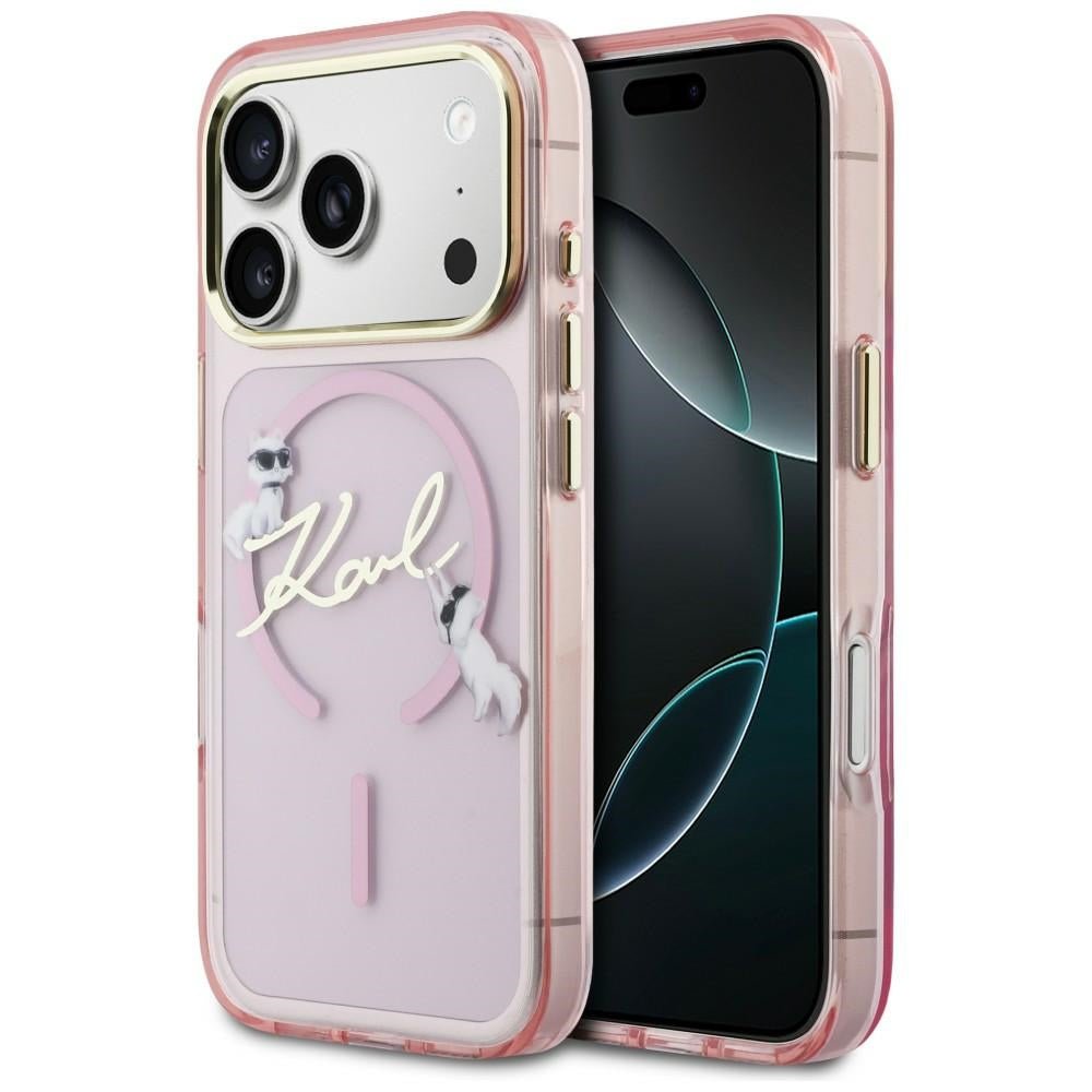 Karl Lagerfeld iPhone 17 Pro Max - Σκληρή Θήκη με Πλαίσιο Σιλικόνης - IML Choupettes Karl Script Logo MagSafe - Pink