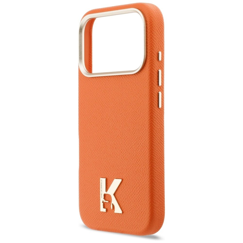 Karl Lagerfeld iPhone 17 Pro - Σκληρή Θήκη με Επένδυση Οικολογικού Δέρματος και MagSafe - Karl Head Logo - Orange