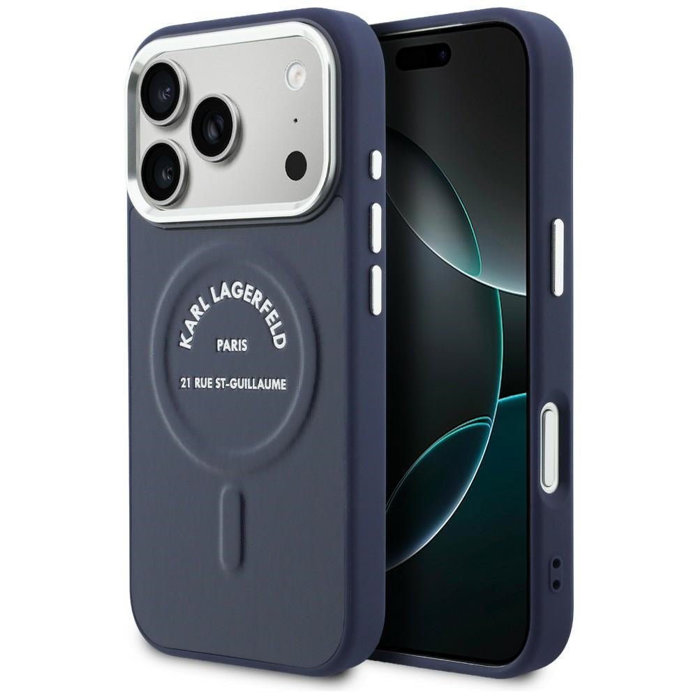 Karl Lagerfeld iPhone 17 Pro - Σκληρή Θήκη με Επένδυση Οικολογικού Δέρματος - Karl RSG Logo MagSafe - Blue