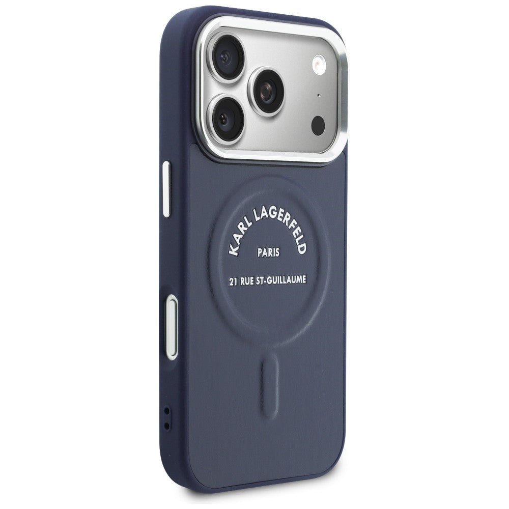 Karl Lagerfeld iPhone 17 Pro - Σκληρή Θήκη με Επένδυση Οικολογικού Δέρματος - Karl RSG Logo MagSafe - Blue