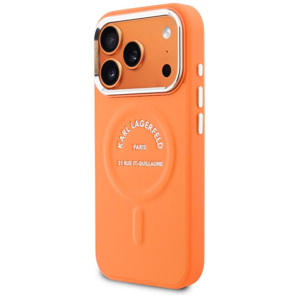 Karl Lagerfeld iPhone 17 Pro - Σκληρή Θήκη με Επένδυση Οικολογικού Δέρματος - Karl RSG Logo MagSafe - Orange