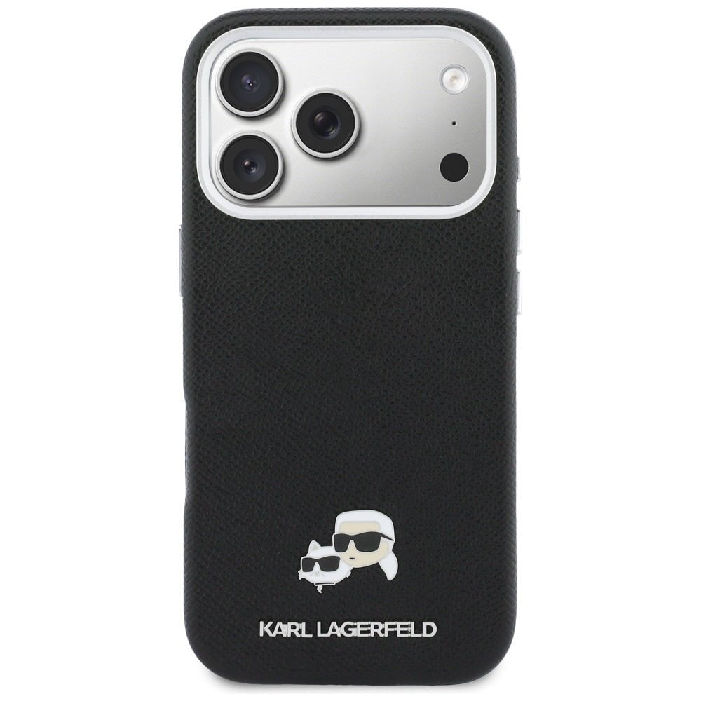 Karl Lagerfeld iPhone 17 Pro - Σκληρή Θήκη με Επένδυση Συνθετικού Δέρματος και Πλαίσιο Σιλικόνης - Karl and Choupette Head Pins Saffiano MagSafe - Black