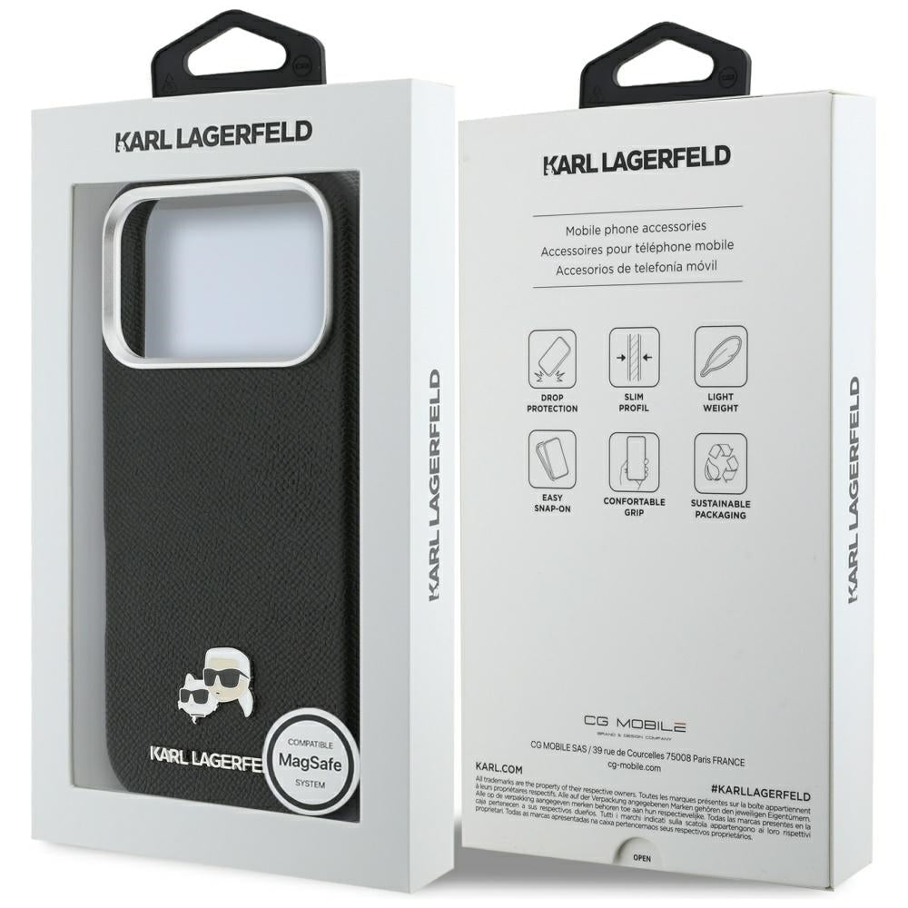 Karl Lagerfeld iPhone 17 Pro - Σκληρή Θήκη με Επένδυση Συνθετικού Δέρματος και Πλαίσιο Σιλικόνης - Karl and Choupette Head Pins Saffiano MagSafe - Black