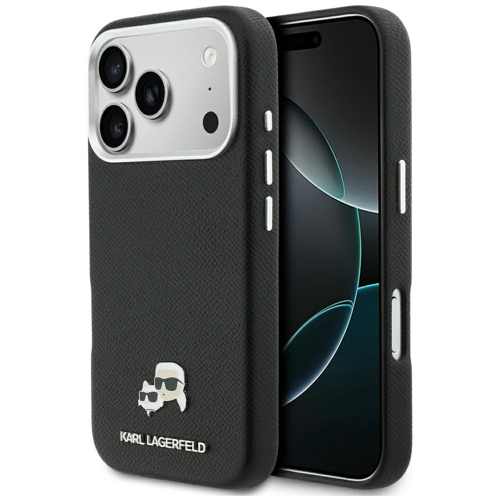 Karl Lagerfeld iPhone 17 Pro - Σκληρή Θήκη με Επένδυση Συνθετικού Δέρματος και Πλαίσιο Σιλικόνης - Karl and Choupette Head Pins Saffiano MagSafe - Black