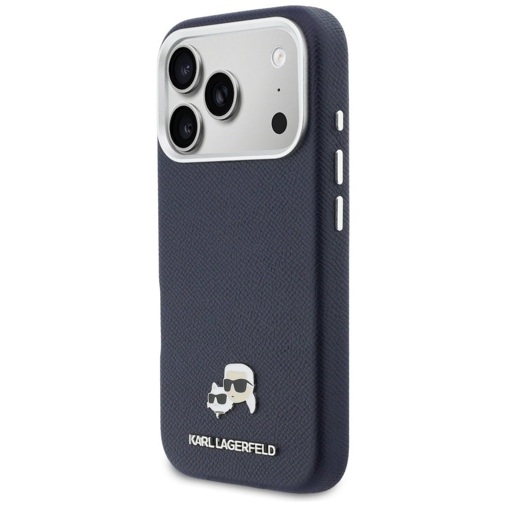 Karl Lagerfeld iPhone 17 Pro - Σκληρή Θήκη με Επένδυση Συνθετικού Δέρματος και Πλαίσιο Σιλικόνης - Karl and Choupette Head Pins Saffiano MagSafe - Blue
