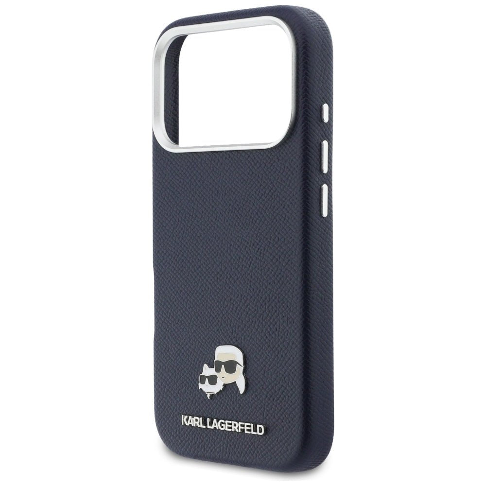 Karl Lagerfeld iPhone 17 Pro - Σκληρή Θήκη με Επένδυση Συνθετικού Δέρματος και Πλαίσιο Σιλικόνης - Karl and Choupette Head Pins Saffiano MagSafe - Blue