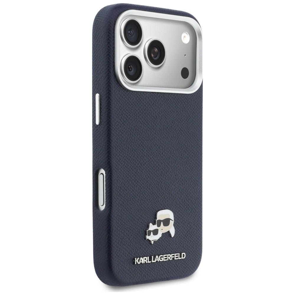 Karl Lagerfeld iPhone 17 Pro - Σκληρή Θήκη με Επένδυση Συνθετικού Δέρματος και Πλαίσιο Σιλικόνης - Karl and Choupette Head Pins Saffiano MagSafe - Blue