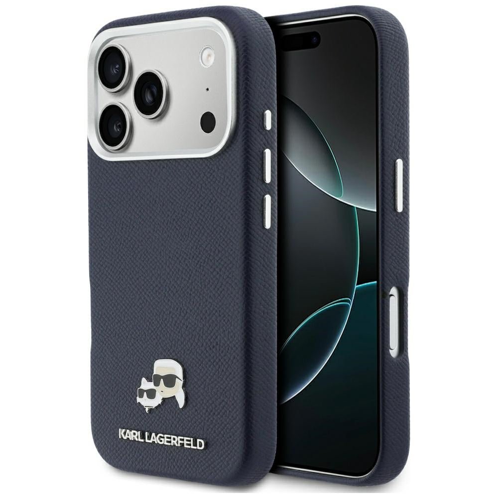 Karl Lagerfeld iPhone 17 Pro - Σκληρή Θήκη με Επένδυση Συνθετικού Δέρματος και Πλαίσιο Σιλικόνης - Karl and Choupette Head Pins Saffiano MagSafe - Blue