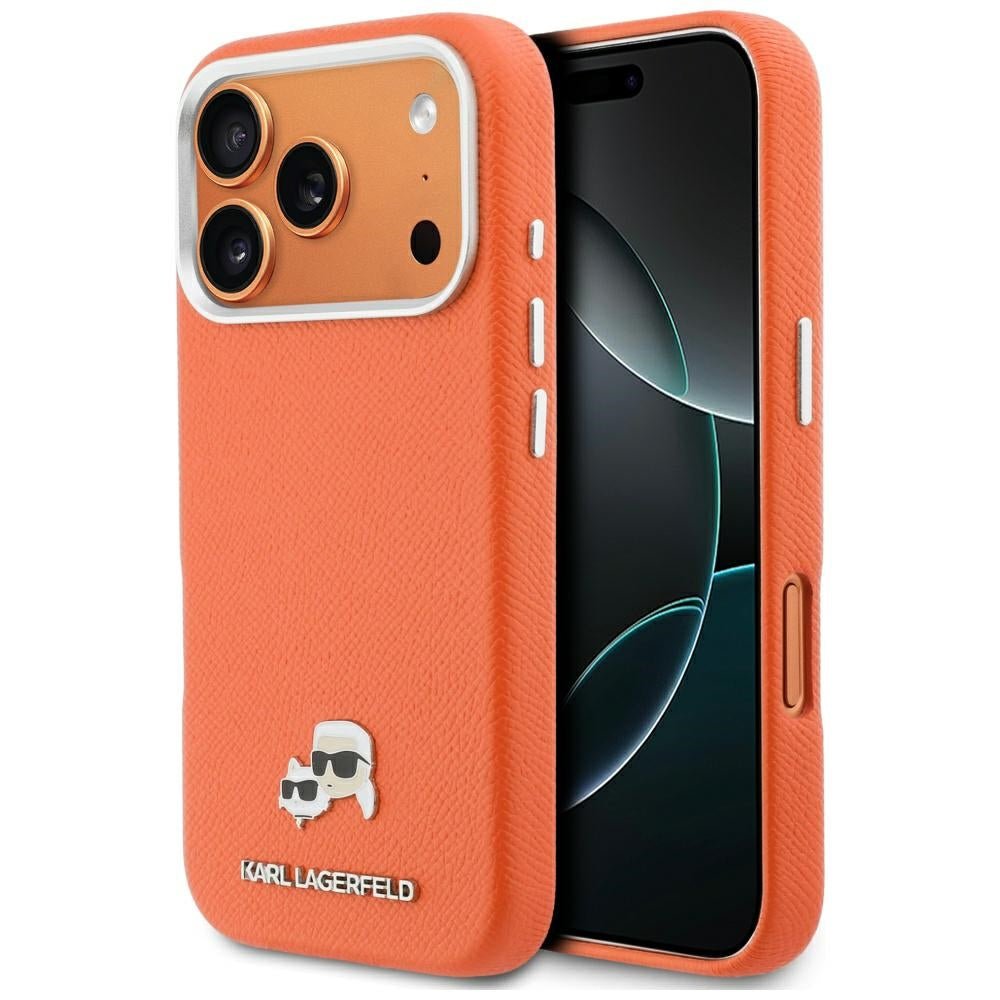 Karl Lagerfeld iPhone 17 Pro - Σκληρή Θήκη με Επένδυση Συνθετικού Δέρματος και Πλαίσιο Σιλικόνης - Karl and Choupette Head Pins Saffiano MagSafe - Orange