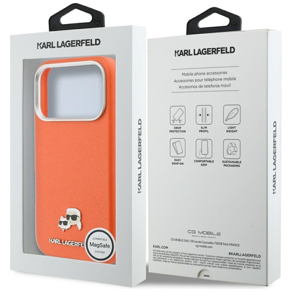Karl Lagerfeld iPhone 17 Pro - Σκληρή Θήκη με Επένδυση Συνθετικού Δέρματος και Πλαίσιο Σιλικόνης - Karl and Choupette Head Pins Saffiano MagSafe - Orange