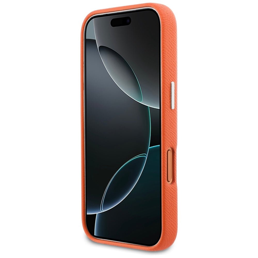 Karl Lagerfeld iPhone 17 Pro - Σκληρή Θήκη με Επένδυση Συνθετικού Δέρματος και Πλαίσιο Σιλικόνης - Karl and Choupette Head Pins Saffiano MagSafe - Orange