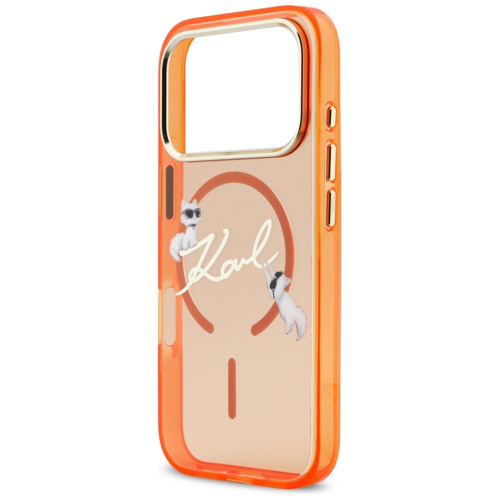 Karl Lagerfeld iPhone 17 Pro - Σκληρή Θήκη με Πλαίσιο Σιλικόνης - IML Choupettes Karl Script Logo MagSafe - Orange