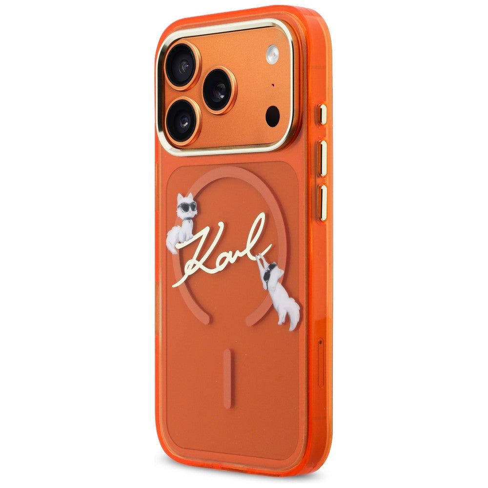 Karl Lagerfeld iPhone 17 Pro - Σκληρή Θήκη με Πλαίσιο Σιλικόνης - IML Choupettes Karl Script Logo MagSafe - Orange