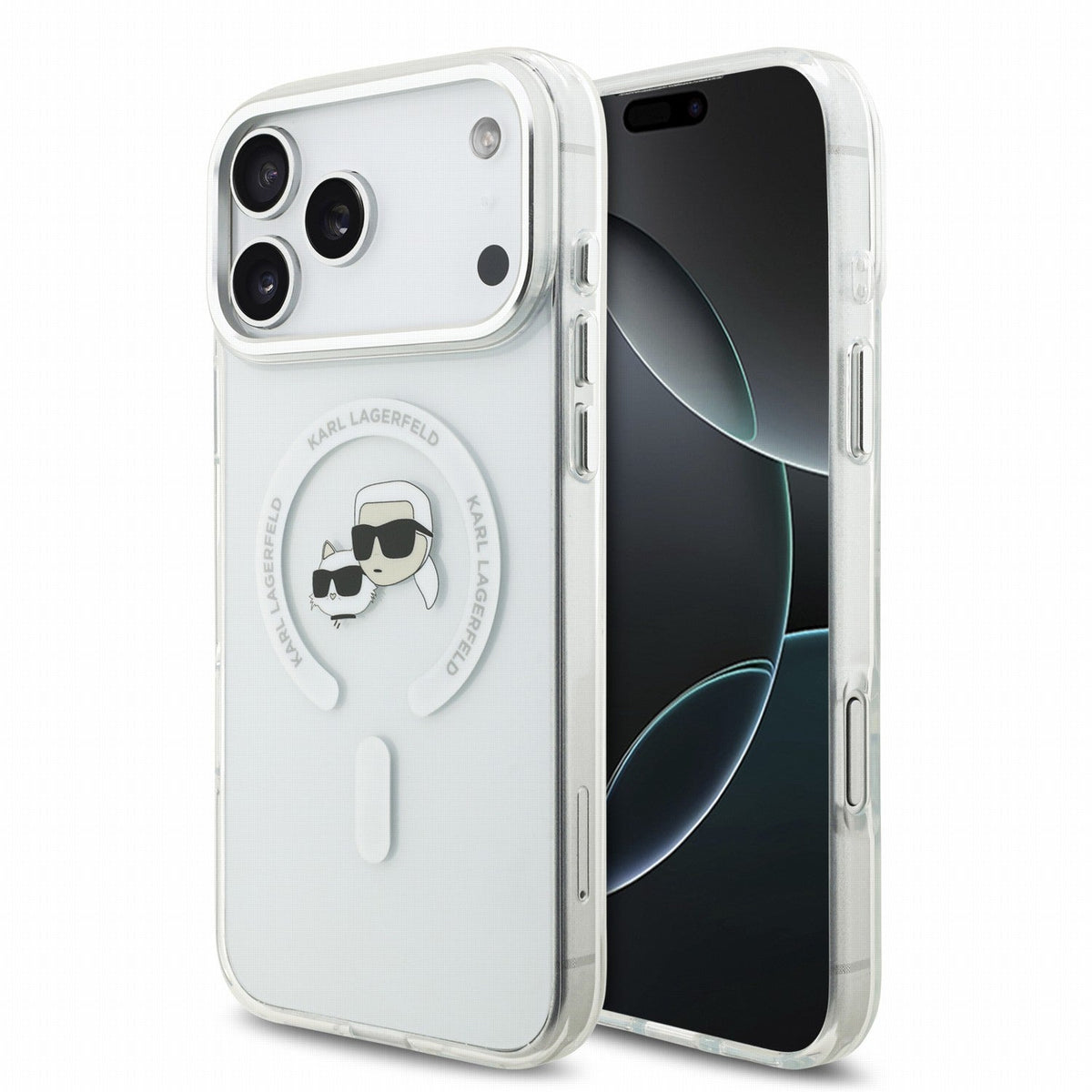Karl Lagerfeld iPhone 18 Pro / iPhone 17 Pro - Σκληρή Θήκη MagSafe με Πλαίσιο Σιλικόνης - IML K and CH Heads Metal Frame - White