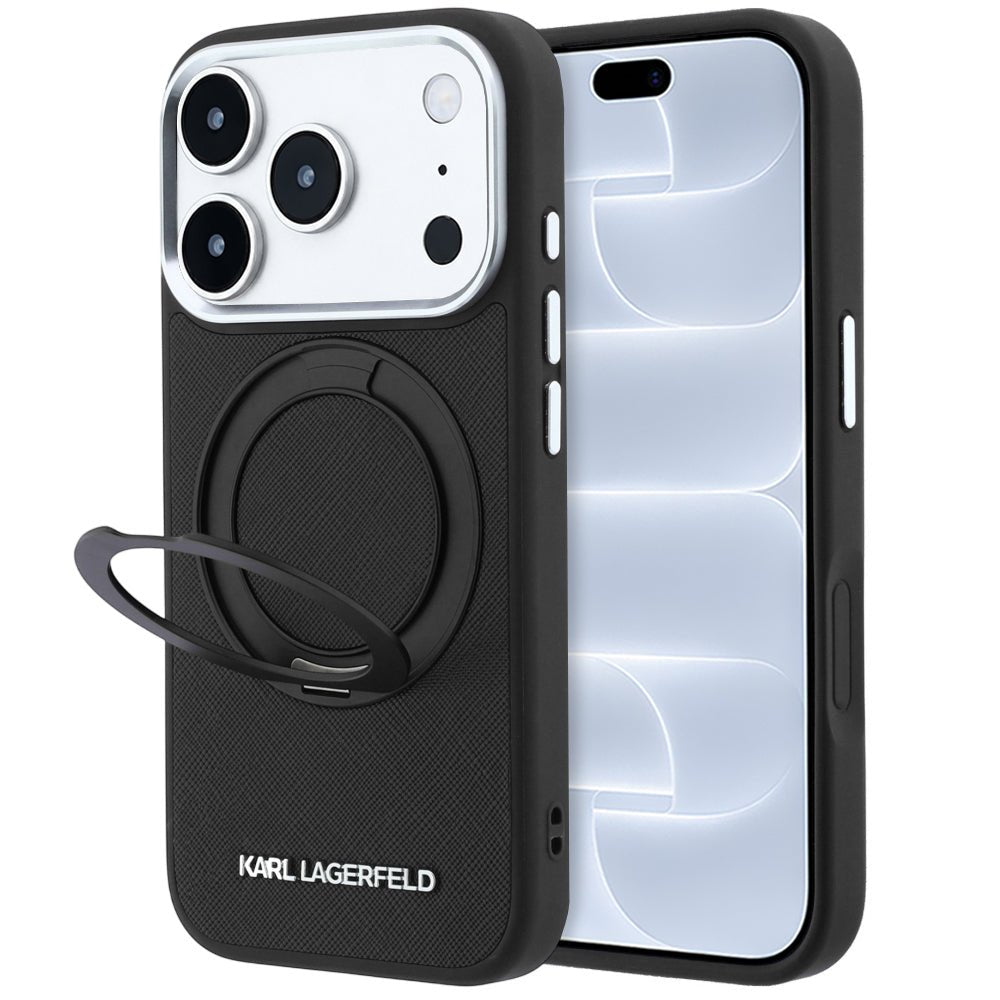 Karl Lagerfeld iPhone 18 Pro / iPhone 17 Pro - Σκληρή Θήκη με Δαχτυλίδι Συγκράτησης MagSafe - Ring Stand 360 Saffiano - Black