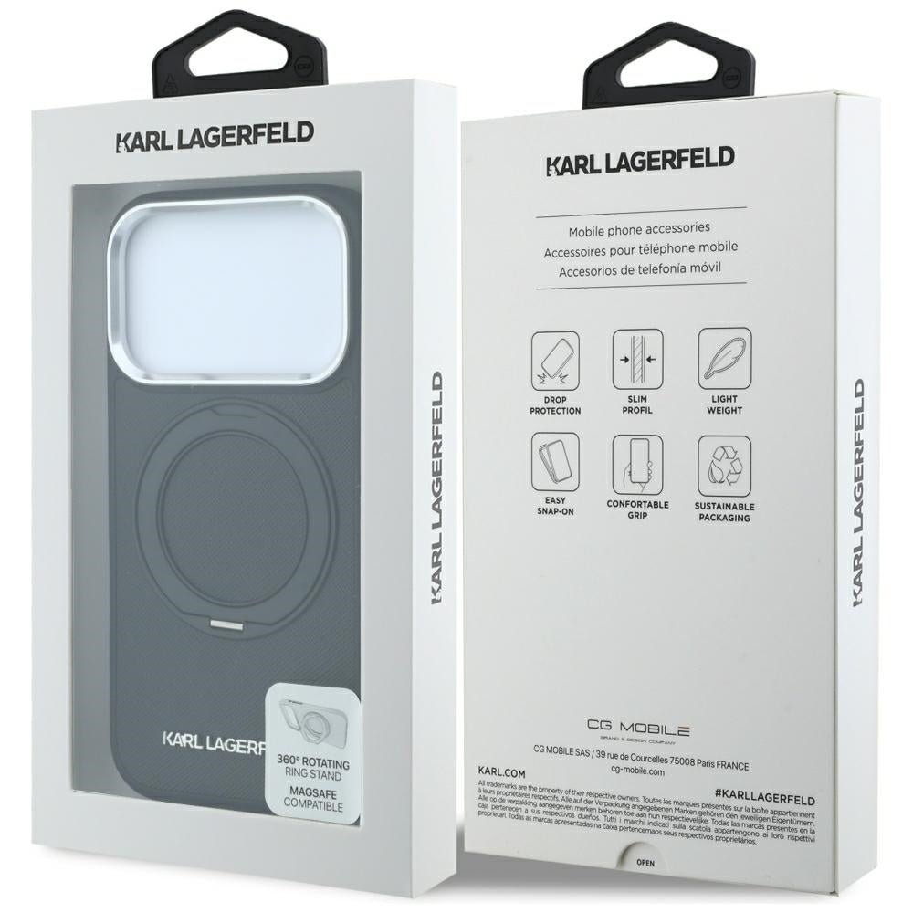 Karl Lagerfeld iPhone 18 Pro / iPhone 17 Pro - Σκληρή Θήκη με Δαχτυλίδι Συγκράτησης MagSafe - Ring Stand 360 Saffiano - Black