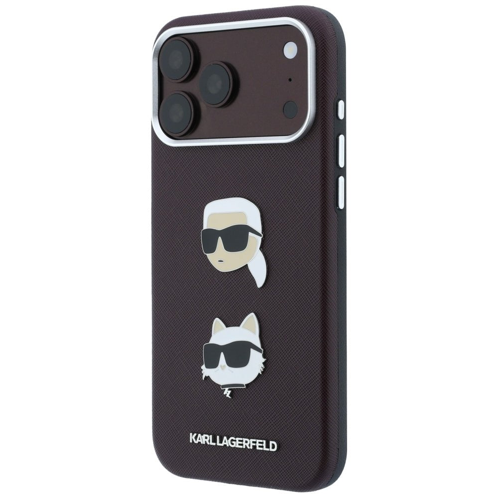 Karl Lagerfeld iPhone 18 Pro / iPhone 17 Pro - Σκληρή Θήκη με Επένδυση Συνθετικού Δέρματος και Πλαίσιο Σιλικόνης - Saffiano with Karl and Choupette Heads Pins and Logo - Burgundy