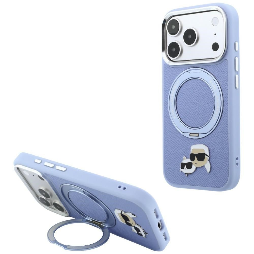 Karl Lagerfeld iPhone 18 Pro / iPhone 17 Pro - Σκληρή Θήκη με Πλαίσιο Σιλικόνης και Δαχτυλίδι Συγκράτησης MagSafe - Ring Stand 360 Karl and Choupette Heads Pin - Blue