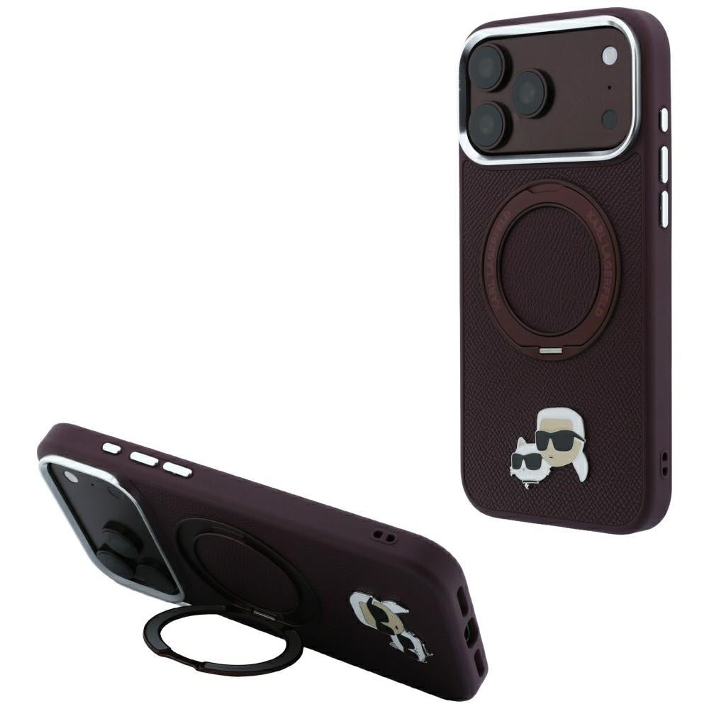 Karl Lagerfeld iPhone 18 Pro / iPhone 17 Pro - Σκληρή Θήκη με Πλαίσιο Σιλικόνης και Δαχτυλίδι Συγκράτησης MagSafe - Ring Stand 360 Karl and Choupette Heads Pin - Burgundy