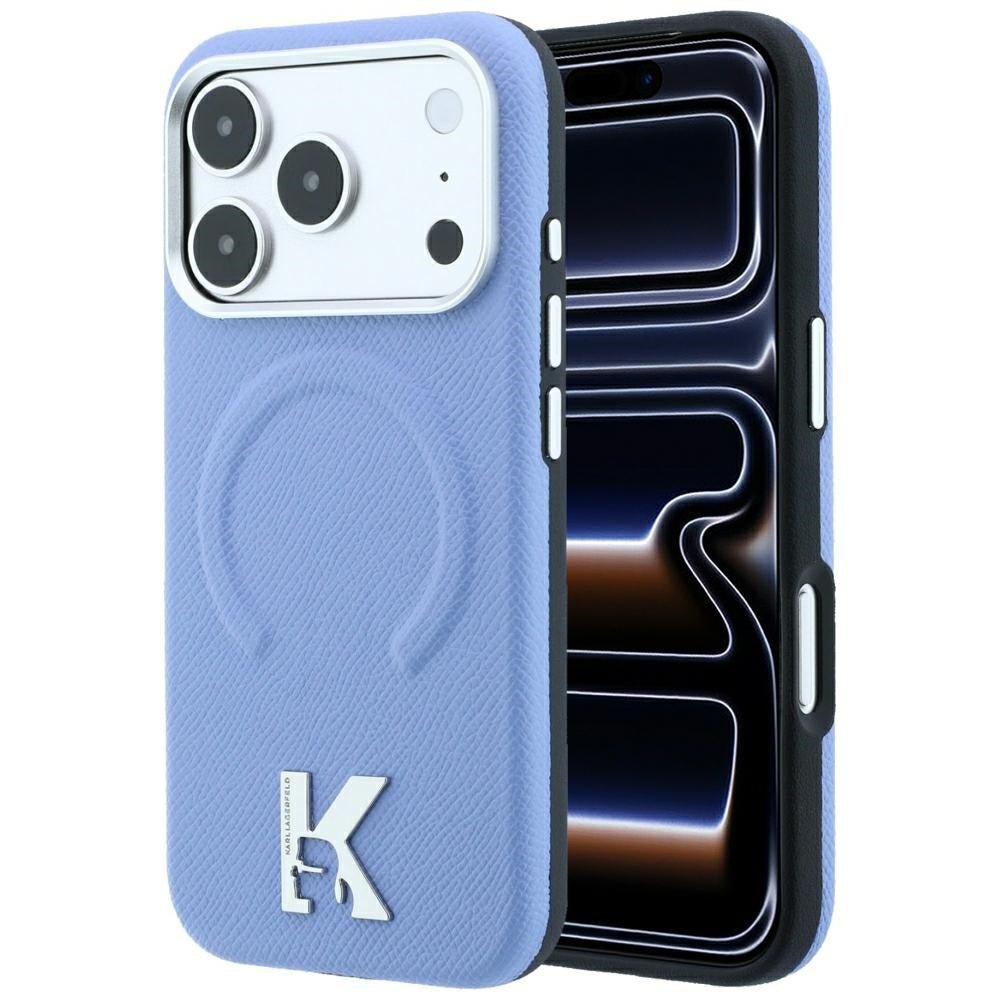 Karl Lagerfeld iPhone 18 Pro / iPhone 17 Pro - Σκληρή Θήκη με Πλαίσιο Σιλικόνης MagSafe - Grained Embossed Ring & Kameo Logo - Light Blue
