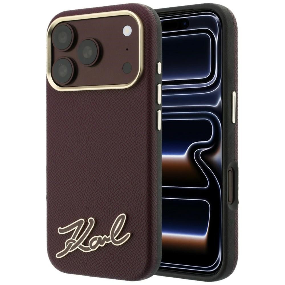 Karl Lagerfeld iPhone 18 Pro / iPhone 17 Pro - Σκληρή Θήκη με Πλαίσιο Σιλικόνης MagSafe - Grained with Resin Signature Logo - Burgundy