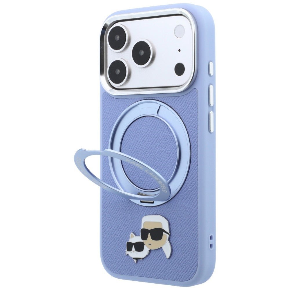 Karl Lagerfeld iPhone 18 Pro Max - Σκληρή Θήκη με Πλαίσιο Σιλικόνης και Δαχτυλίδι Συγκράτησης MagSafe - Ring Stand 360 Karl and Choupette Heads Pin - Blue