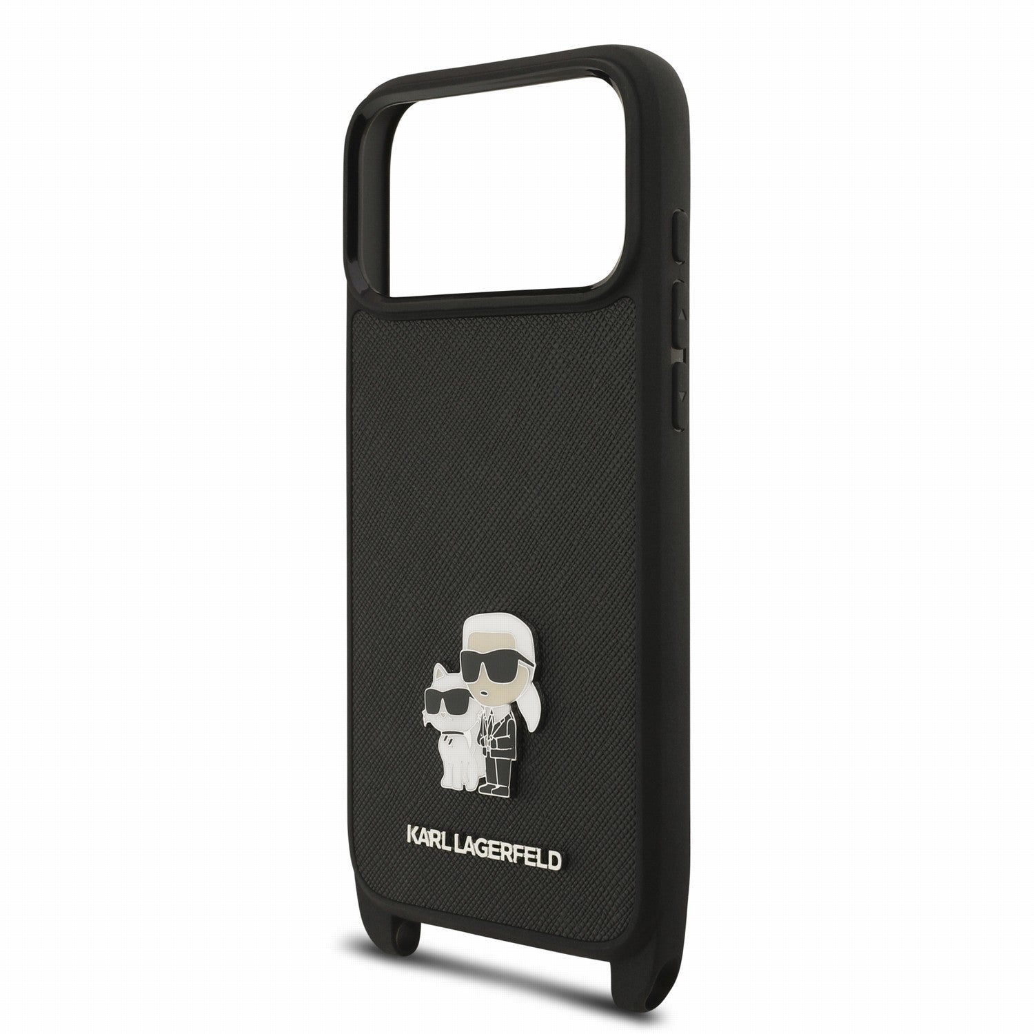 Karl Lagerfeld iPhone 17 Pro Max / iPhone 18 Pro Max - Σκληρή Θήκη με Επένδυση Συνθετικού Δέρματος και Πλαίσιο Σιλικόνης - Saffiano Crossbody Strap Metal Karl and Choupette - Black