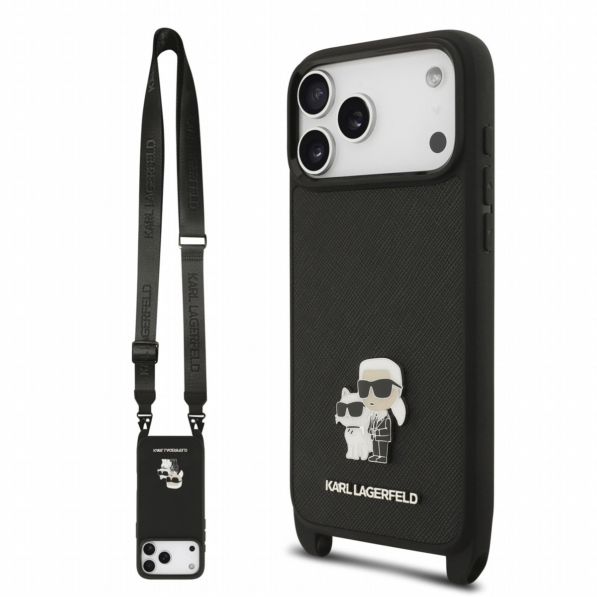 Karl Lagerfeld iPhone 17 Pro Max / iPhone 18 Pro Max - Σκληρή Θήκη με Επένδυση Συνθετικού Δέρματος και Πλαίσιο Σιλικόνης - Saffiano Crossbody Strap Metal Karl and Choupette - Black