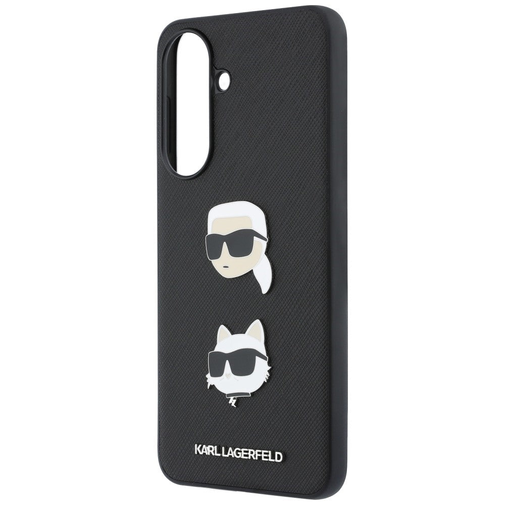 Karl Lagerfeld Samsung Galaxy A37 5G - Σκληρή Θήκη με Επένδυση Συνθετικού Δέρματος και Πλαίσιο Σιλικόνης - Karl and Choupette Heads Pins and Logo - Black