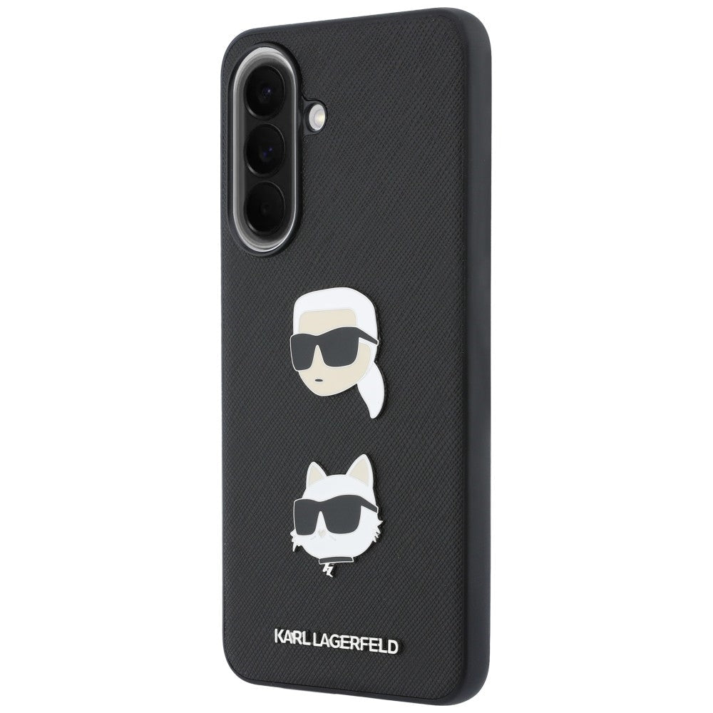Karl Lagerfeld Samsung Galaxy A57 5G - Σκληρή Θήκη με Επένδυση Συνθετικού Δέρματος και Πλαίσιο Σιλικόνης - Karl and Choupette Heads Pins and Logo - Black