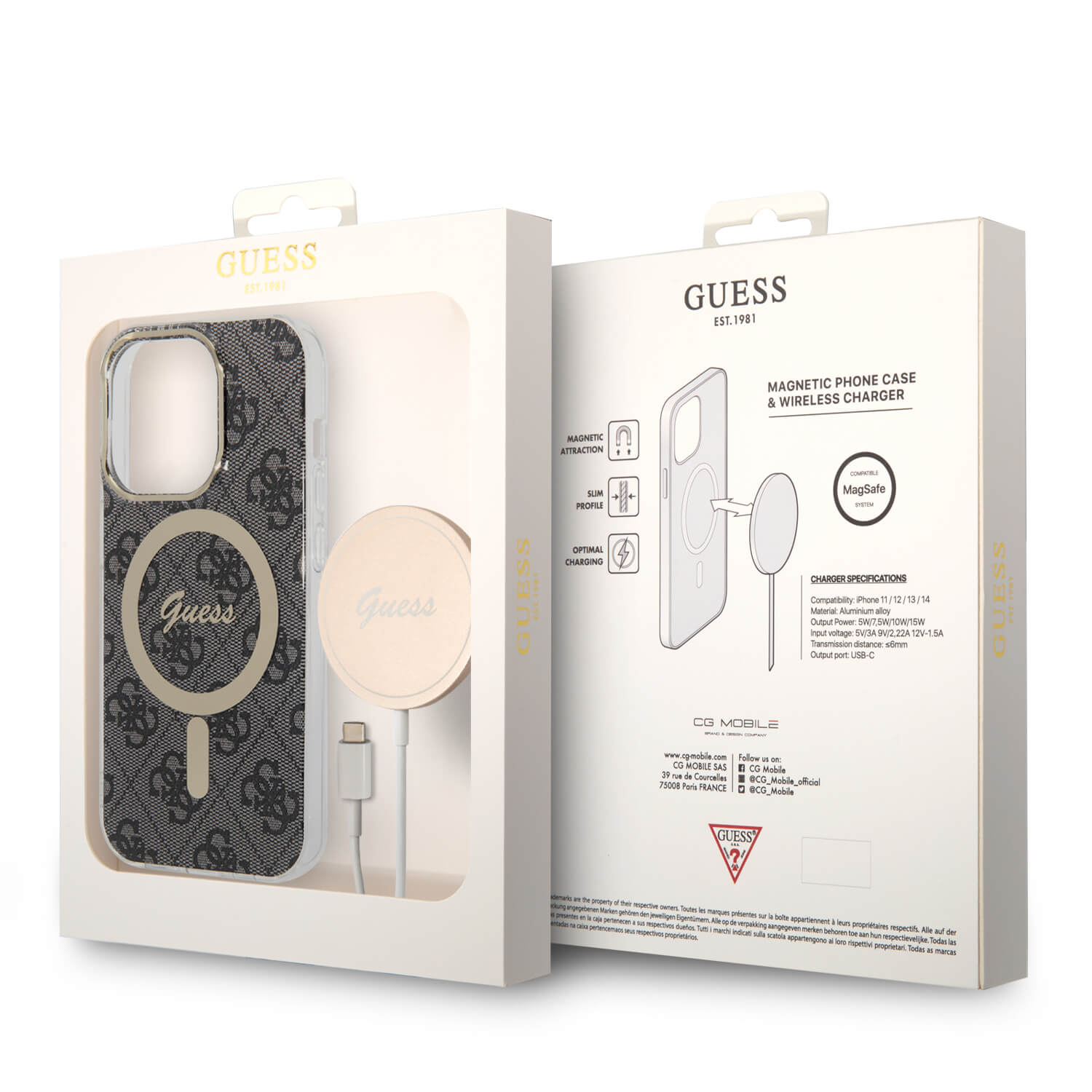 Guess iPhone 14 Pro - Bundle Pack MagSafe - Σετ Σκληρή Θήκη με Πλαίσιο Σιλικόνης και Ασύρματος Φορτιστής MagSafe - Design 4G and Gold - Black - GUBPP14LH4EACSK
