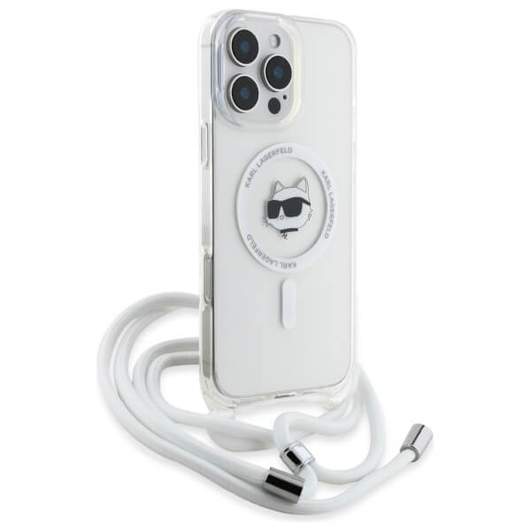 Karl Lagerfeld iPhone 16 Pro Max - IML Choupette Head and Cord - MagSafe Σκληρή Θήκη με Πλαίσιο Σιλικόνης και Λουράκι - Διάφανη - KLHMP16XHCCHNT