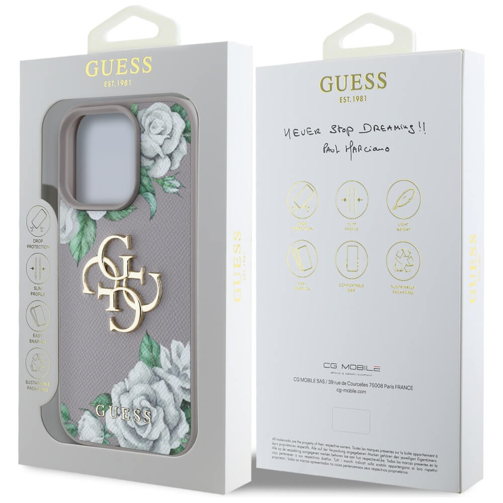 Guess iPhone 16 Pro - Grained Roses Big 4G Logo - Σκληρή Θήκη με Επένδυση από Οικολογικό Δέρμα - Purple - GUHCP16LPGROP4MU
