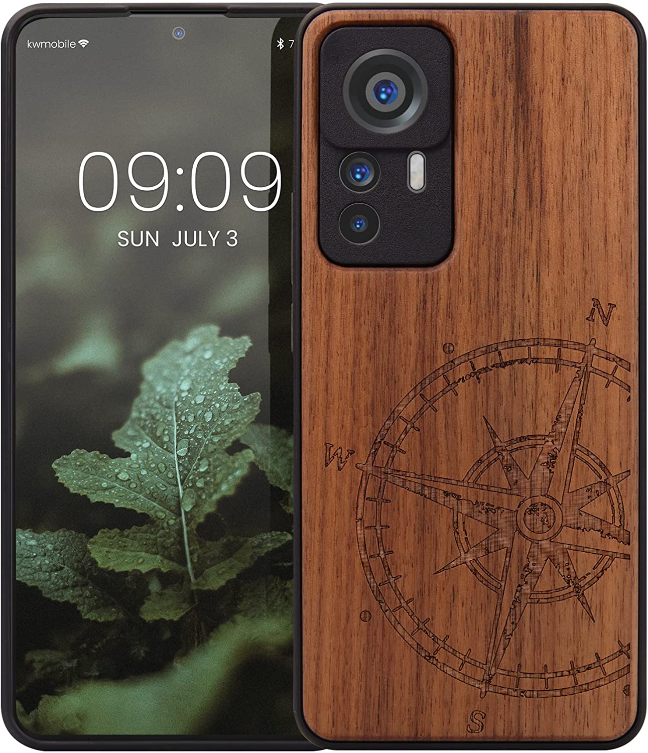 KW Xiaomi 12T / 12T Pro Θήκη από Φυσικό Ξύλο - Design Navigational Compass - Dark Brown - 60150.01