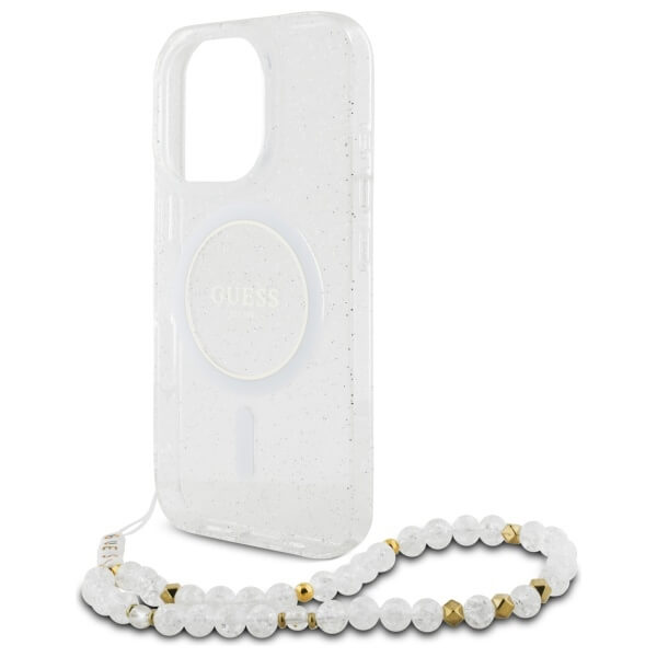 Guess iPhone 16 Pro Max - IML Glitter With Pearl Strap - MagSafe Σκληρή Θήκη με Πλαίσιο Σιλικόνης και Λουράκι - Διάφανη - GUHMP16XHGCRELST