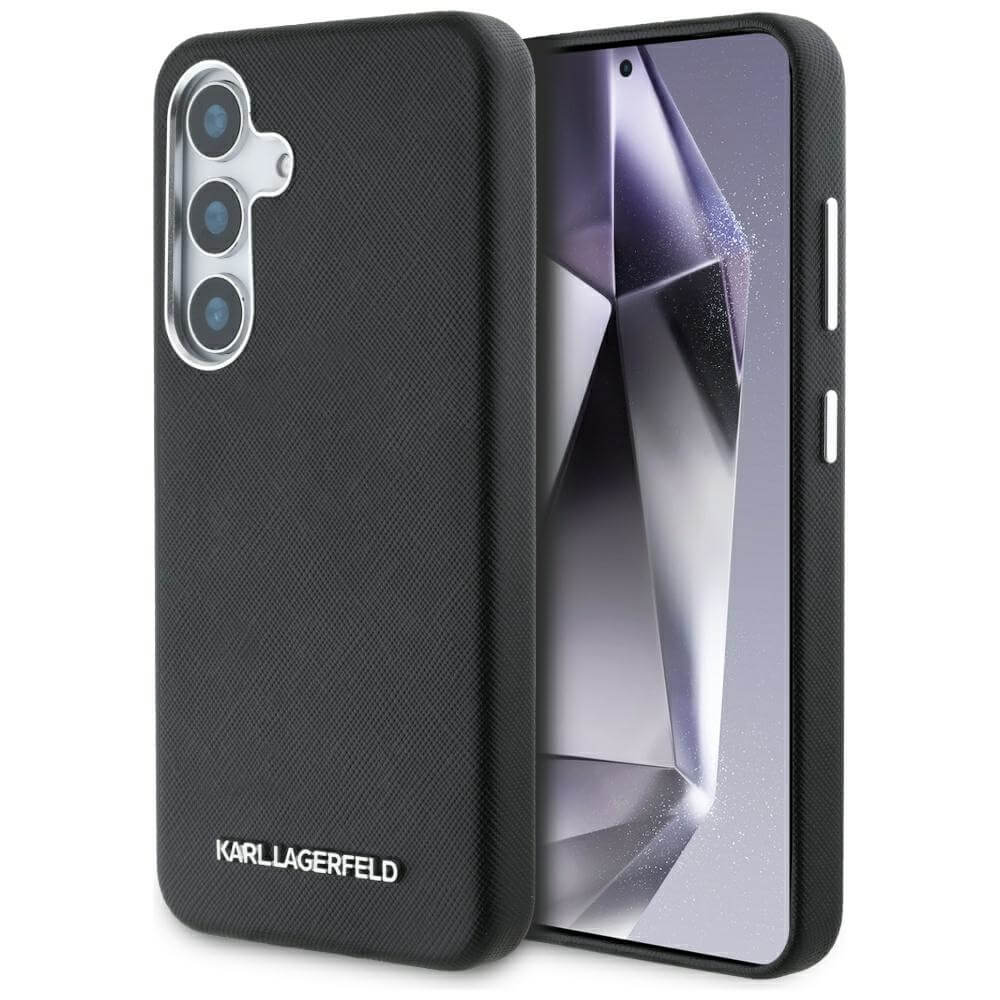 Karl Lagerfeld Samsung Galaxy S25 - Saffiano Full Wrapped Elongated Metal Logo - MagSafe Σκληρή Θήκη με Επένδυση Συνθετικού Δέρματος και Πλαίσιο Σιλικόνης - Black - KLHMS25SPSAFWMCK