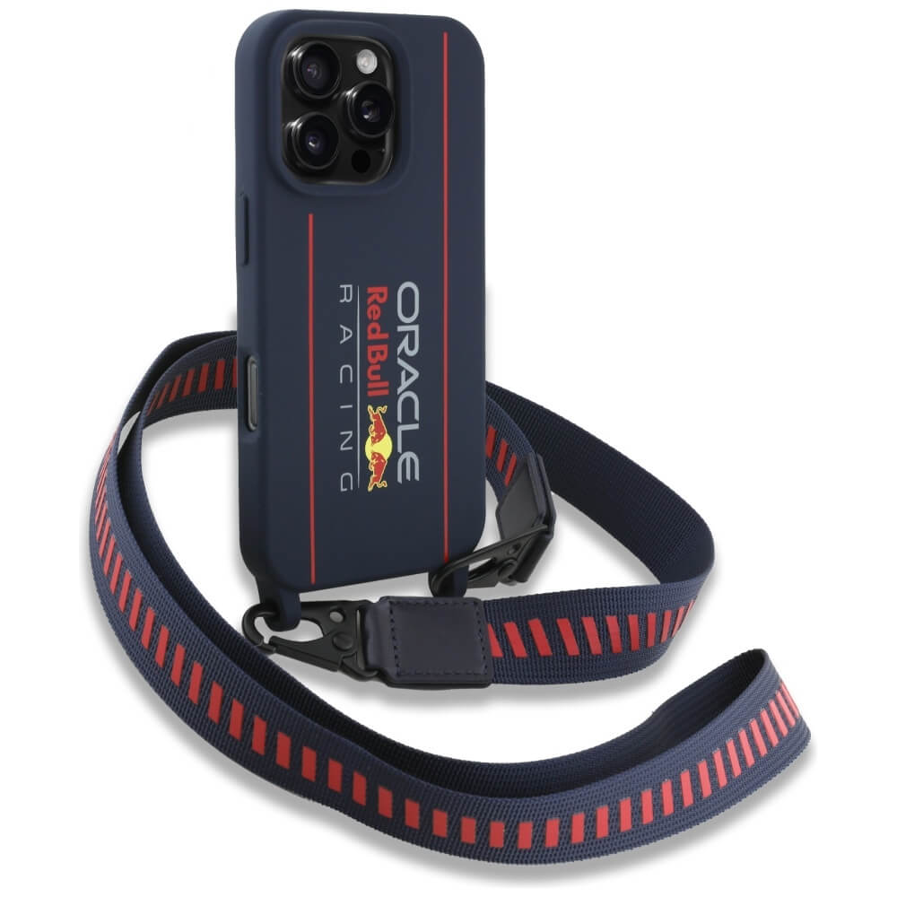 Red Bull iPhone 16 Pro Max - Silicone Strap and Vertical Logo - MagSafe Σκληρή Θήκη με Πλαίσιο Σιλικόνης και Λουράκι - Navy Blue - RBHMP16X24SISOLRV