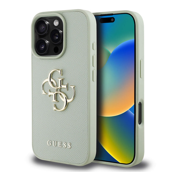 Guess iPhone 16 Pro - Grained Big 4G Logo Small Classic Logo - Σκληρή Θήκη με Επένδυση από Οικολογικό Δέρμα - Green - GUHCP16LPGT4MBN