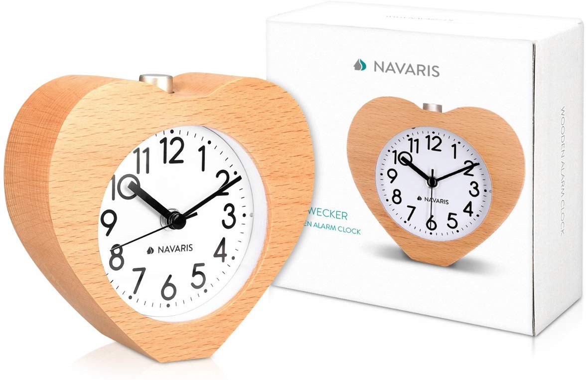 Navaris Analogue Wood Alarm Clock Design Heart - Αναλογικό Επιτραπέζιο Ρολόι και Ξυπνητήρι - Light Brown - 43901