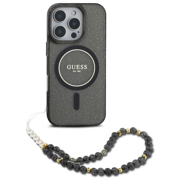 Guess iPhone 16 Pro Max - IML Glitter With Pearl Strap - MagSafe Σκληρή Θήκη με Πλαίσιο Σιλικόνης και Λουράκι - Black - GUHMP16XHGCRELSK