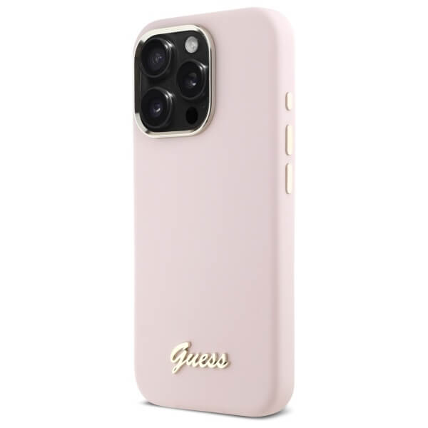 Guess iPhone 16 Pro - Silicone Script Metal Logo and Frame - Σκληρή Θήκη με Πλαίσιο Σιλικόνης - Pink - GUHCP16LSMBSLP