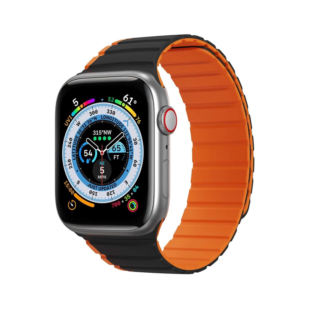 Dux Ducis Λουράκι Apple Watch 2 / 3 / 4 / 5 / 6 / 7 / 8 / 9 / SE / ULTRA 1 / ULTRA 2 - 42 / 44 / 45 / 49 mm Magnetic Strap LD Version Μαγνητικό Σιλικόνης - Black / Orange